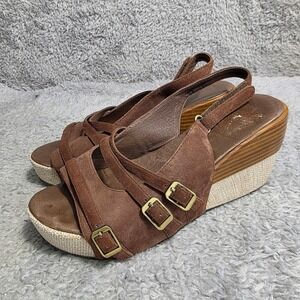 Antelope Wedge Platform Sandals Brown Suede Triple Buckle Women Wood Linen EU 38
